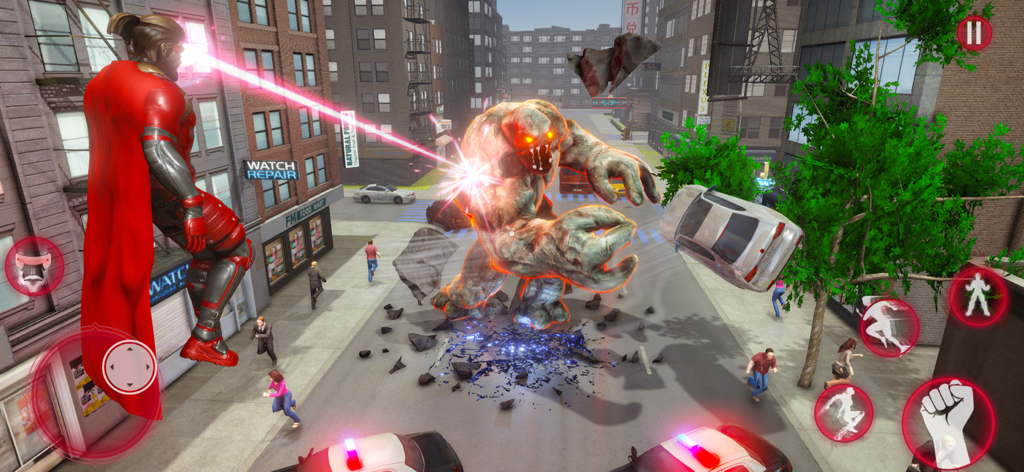 Grand Superhero Spider League - A superhero with a red cape flying and firing eye lasers at a giant rock monster in a city street.