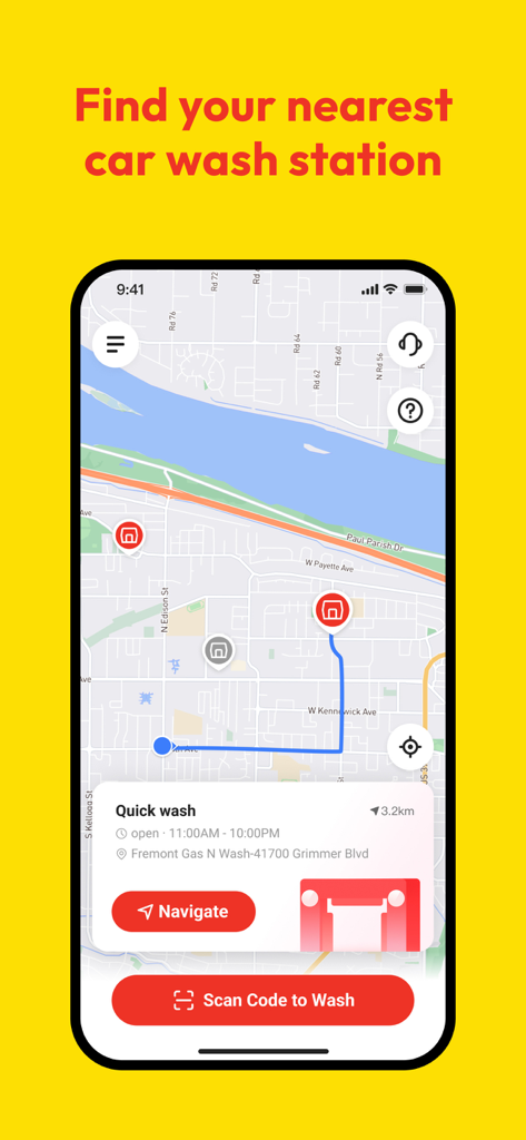 JETX Car Wash - JETX Car Wash app screen showing a map with the nearest car wash station and navigation options