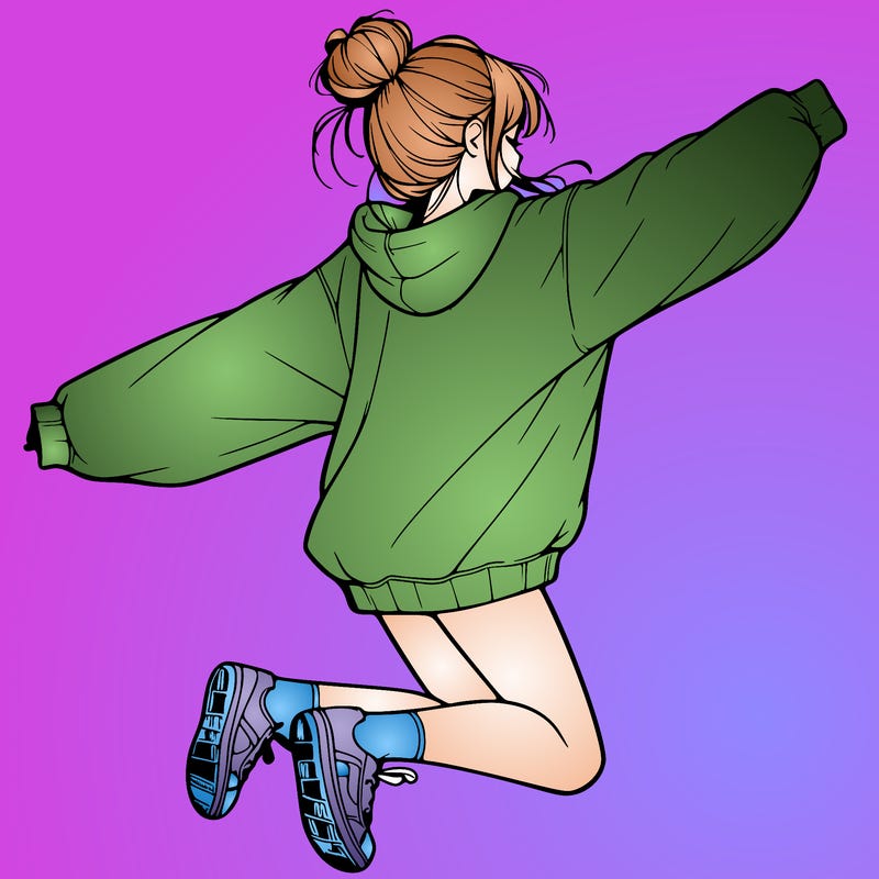 realistic girl jumping with a bun and oversized sweatshirt