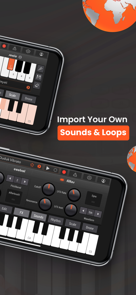 Mobile app interface of World Piano showing synthesizer controls and a piano keyboard with a message about importing sounds and loops.