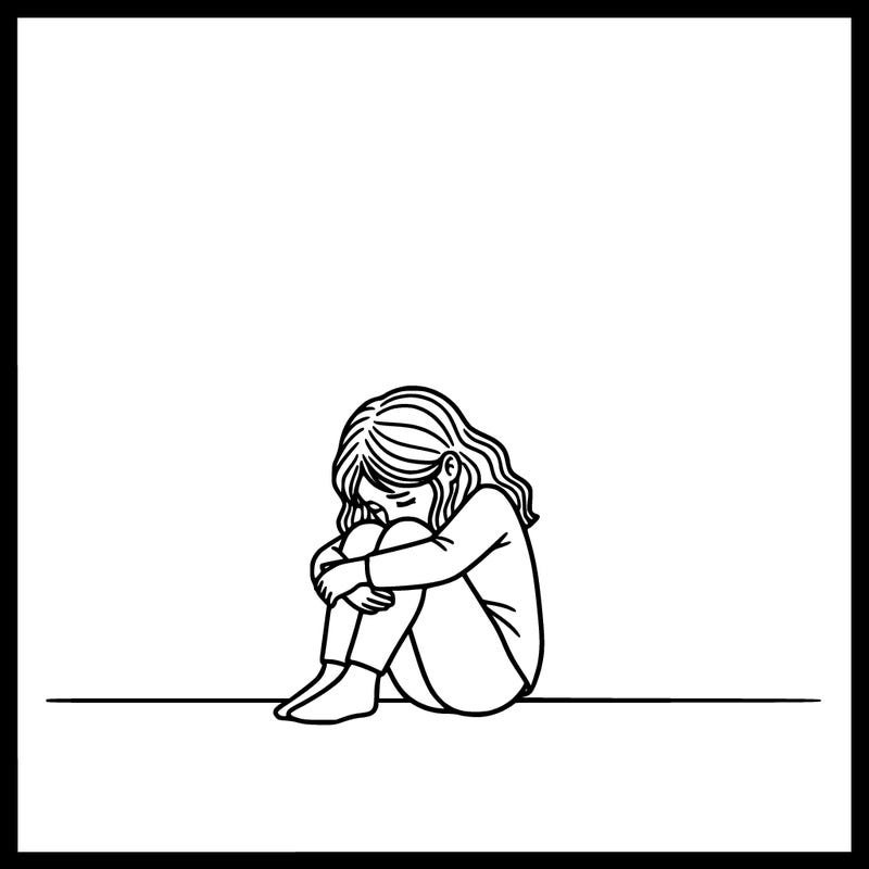 a detailed girl sitting and holding her knees , face in knees crying and nothing around her just blank