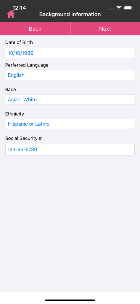 DrChrono OnPatient Portal - A screen in the DrChrono OnPatient Portal app for entering background information like date of birth, language, and ethnicity.