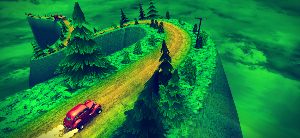 A vintage red car driving along a narrow winding path on a mountain cliff in Vertigo Racing