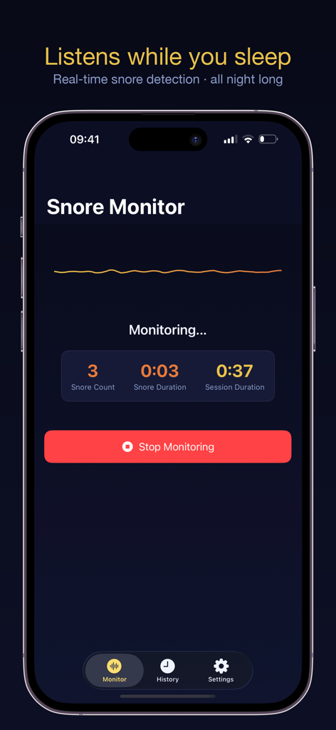 NightSnore - NightSnore app interface showing real-time snore monitoring with snore count and duration