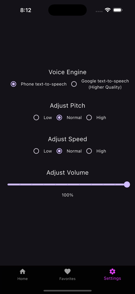 Pronounce It: Word Pronouncer - Settings screen for the Pronounce It app showing controls for voice engine pitch speed and volume adjustments
