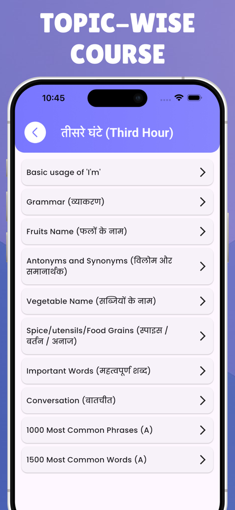 English Speaking Quick Course - Una captura de pantalla de una aplicación móvil que muestra una lista de temas de inglés con traducciones al hindi, incluyendo gramática, vocabulario y frases de conversación.