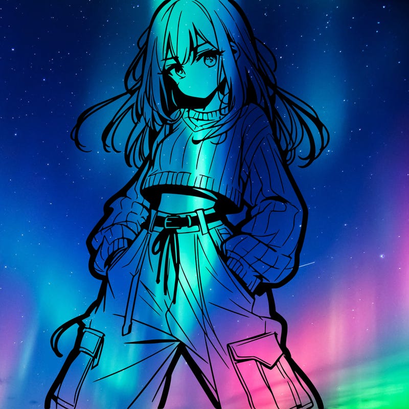 anime teen girl with baggy pants and crop top with sweater