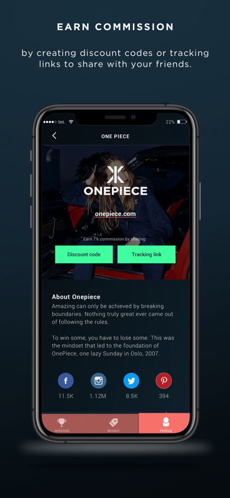 Pantalla móvil de la aplicación Brandbassador para crear códigos de descuento de marca y enlaces de seguimiento para ganar comisiones.