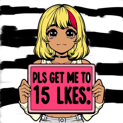 realistic girl holding up a sign that says “pls get me to 15 likes!”