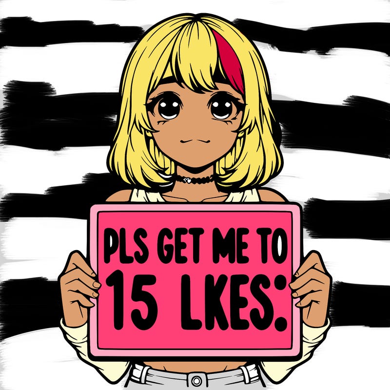 realistic girl holding up a sign that says “pls get me to 15 likes!”
