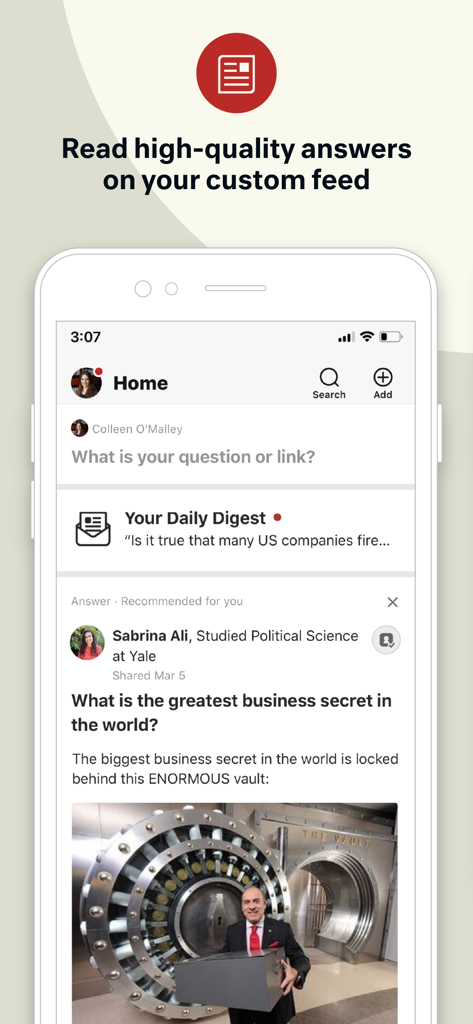 Mobile Ansicht, die den Quora-App-Home-Feed mit hochwertigen Antworten und personalisierten Inhalten zeigt