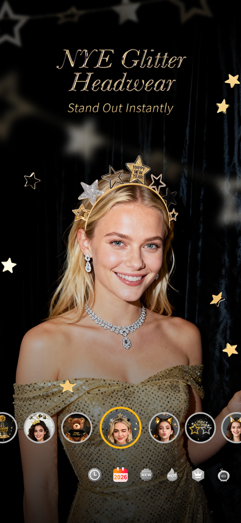 Femme utilisant l'application Camera360 avec un autocollant AR de serre-tête scintillant en forme d'étoile.