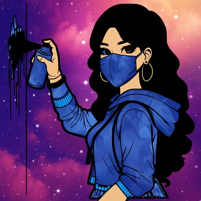 realistic girl with mask spray painting a wall