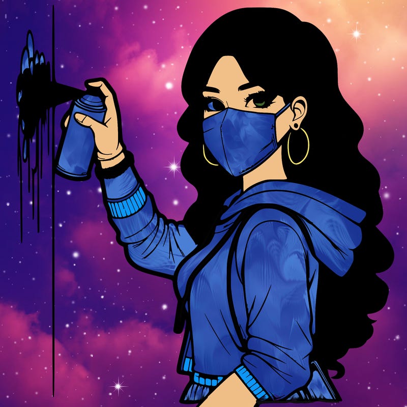 realistic girl with mask spray painting a wall