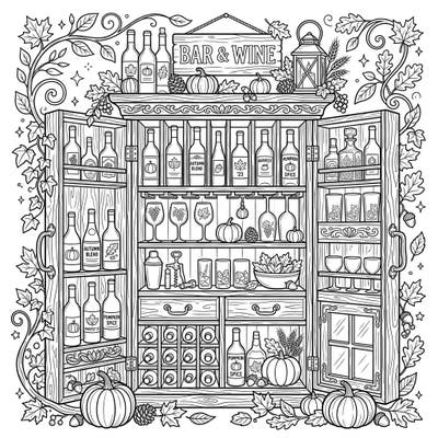 Dive into the heartwarming spirit of autumn with this beautifully detailed wine bar cabinet coloring page. Adorned with harvest elements, it offers a sophisticated and engaging artistic challenge for adults and teens.