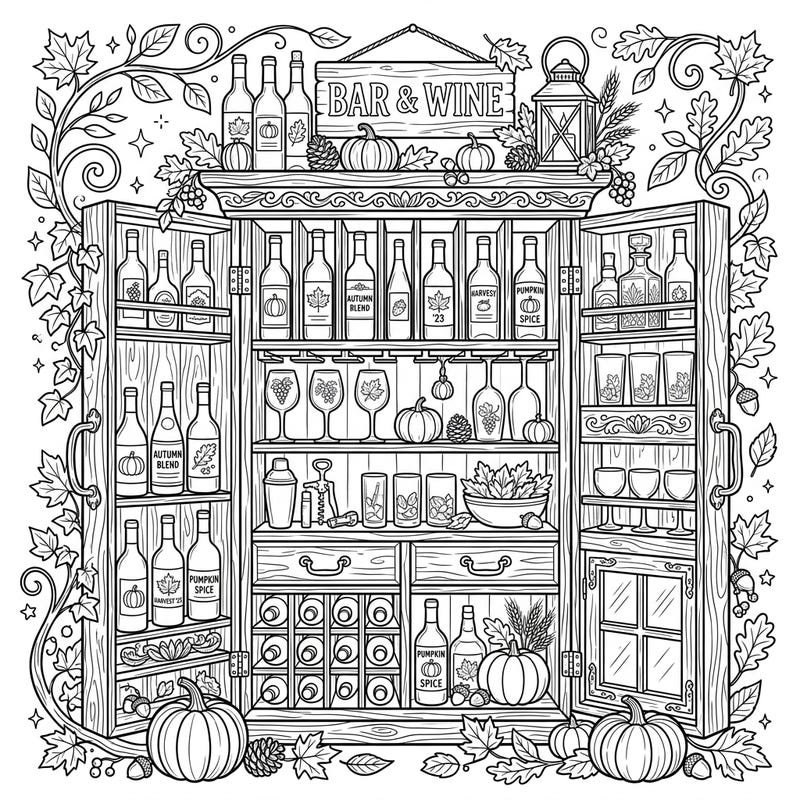 Dive into the heartwarming spirit of autumn with this beautifully detailed wine bar cabinet coloring page. Adorned with harvest elements, it offers a sophisticated and engaging artistic challenge for adults and teens.