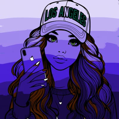 realistic beautiful girl wearing los ángeles cap holding an iphone