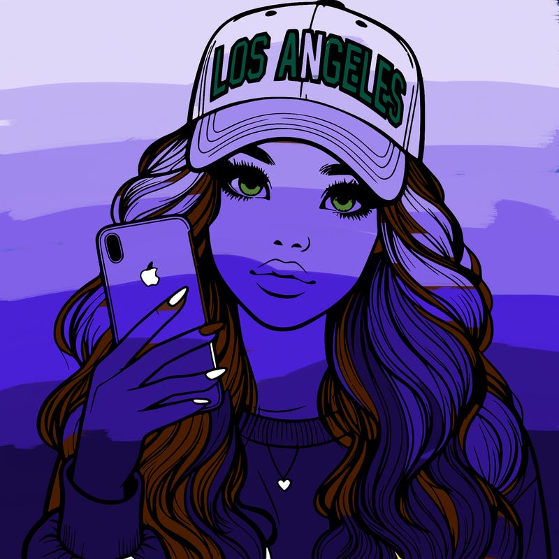 realistic beautiful girl wearing los ángeles cap holding an iphone