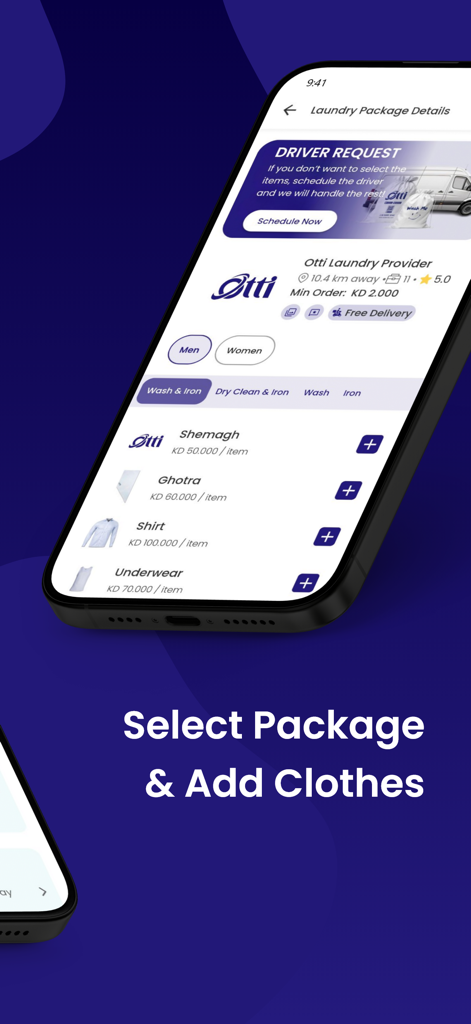 Otti App - Pantalla de la App Otti mostrando la selección de paquetes de lavandería y la lista detallada de ropa con precios para lavado y planchado