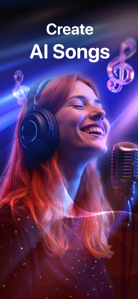 TuneCraft. AI Song Generator - A young woman wearing headphones and smiling while singing into a microphone with Create AI Songs text overlay