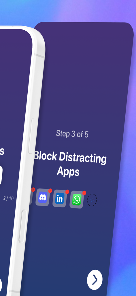 StudyLock: Block Distractions - Interface showing the step to block distracting social media apps like Discord and WhatsApp