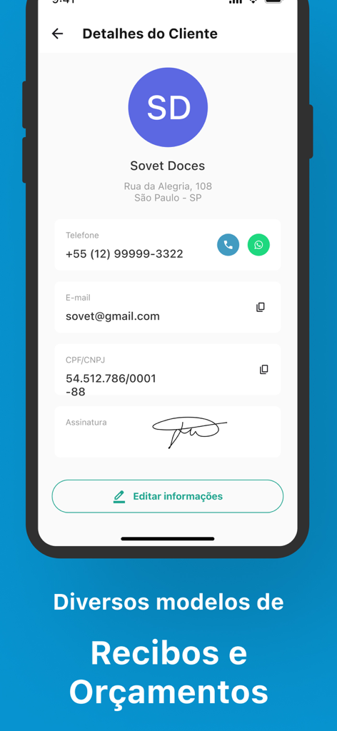 プロフェッショナルなデジタル請求書を作成するために、顧客情報と署​​印が表示されたモバイルアプリインターフェイス