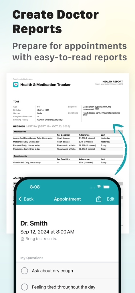 Medication Reminder & Pill Log - Medikamenten- und Gesundheitsbericht PDF-Zusammenfassung für Arzttermine