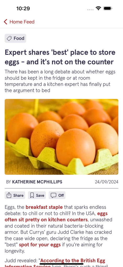 Aplicación móvil Mirror US mostrando un artículo de noticias de comida sobre la mejor manera de almacenar huevos