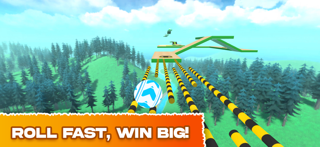 Una bola azul y blanca rodando sobre rieles estrechos sobre un bosque