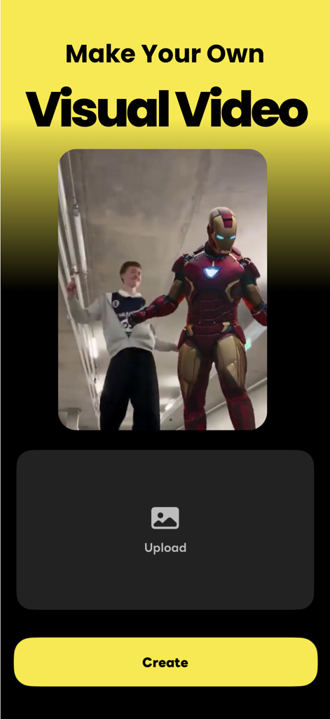 AI Dance Generator: Dance AI - Oberfläche der KI-Tanzgenerator-App, die einen visuellen Video-Ersteller mit einer Upload-Schaltfläche und einer Vorschau einer tanzenden Person mit einem Iron-Man-Charakter zeigt
