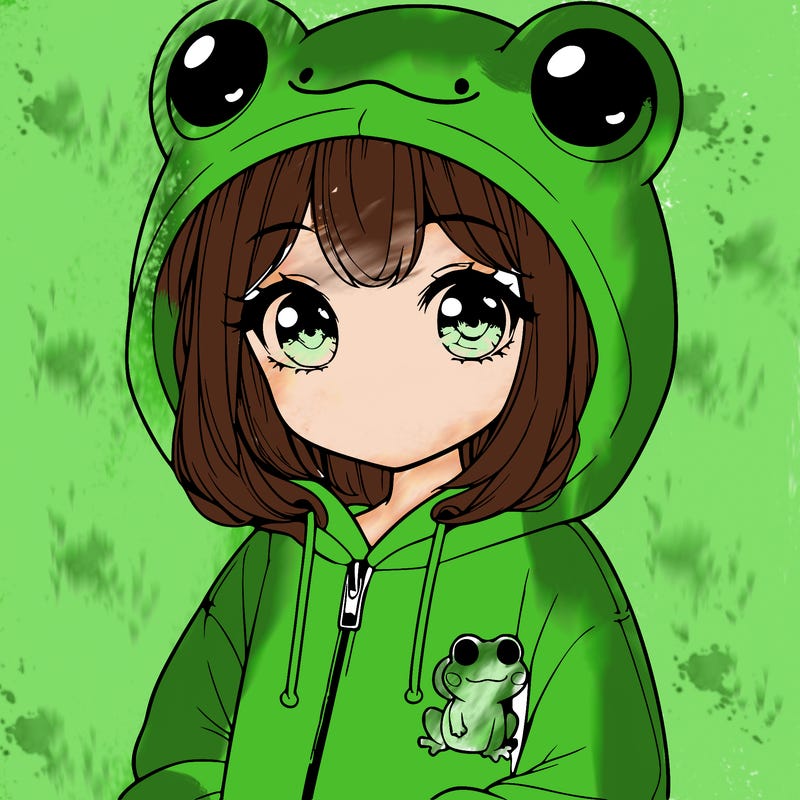 cute realistic girl in a froggy hoodie