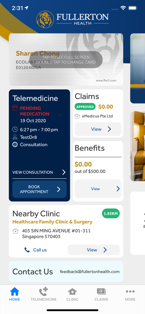 FHN3 - FHN3 Fullerton Health app home screen featuring the digital healthcard, telemedicine status, claims, and nearby clinic locator.