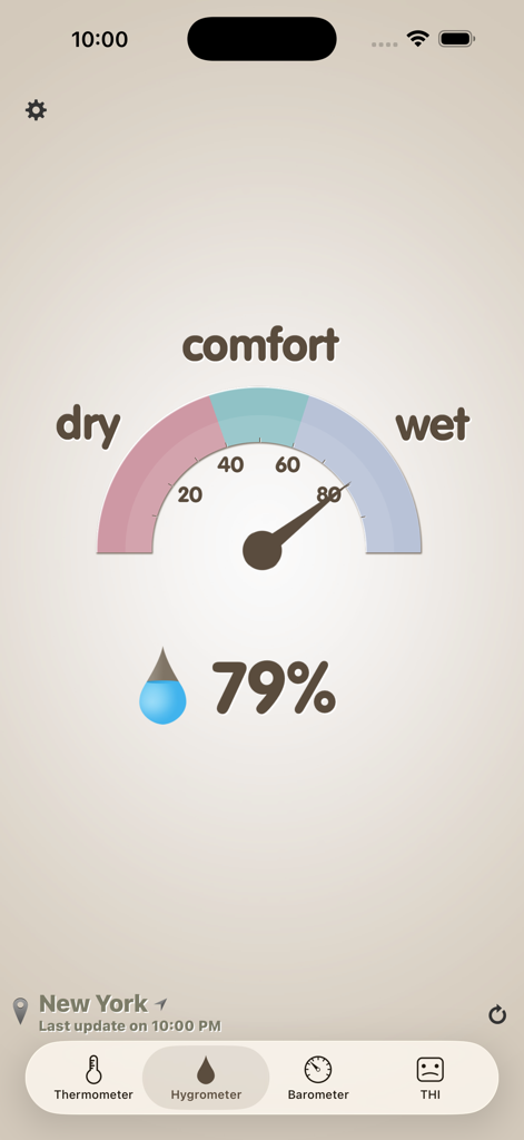 Thermo-hygrometer - Thermo-hygrometer app showing an analog humidity meter at seventy-nine percent in the wet zone for New York