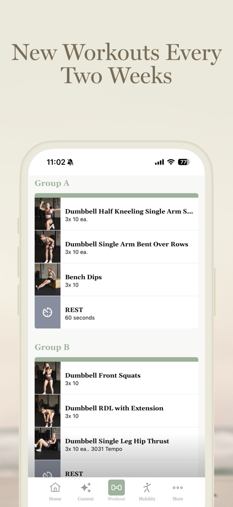 Culture of Motion - A mobile app interface displaying a detailed strength training workout list with exercise names, sets, repetitions, and rest intervals.