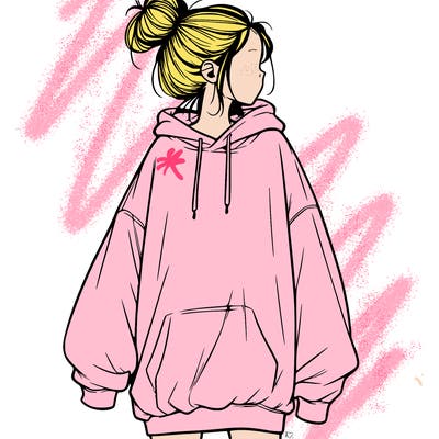 realistic girl with a oversized sweatshirt on and a bun