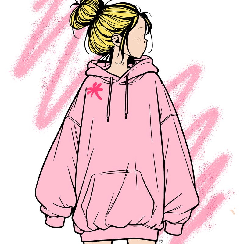 realistic girl with a oversized sweatshirt on and a bun