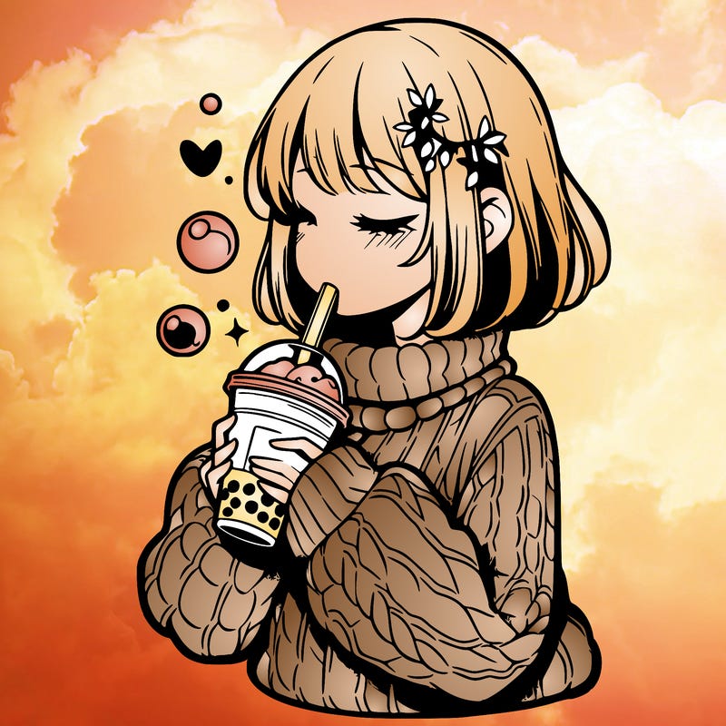 manga girl drinking boba in cozy sweater