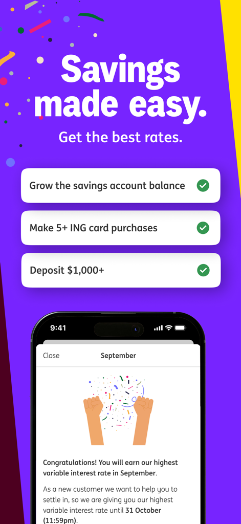 ING banking app interface showing a checklist to earn high interest rates and a congratulations message for meeting savings goals.