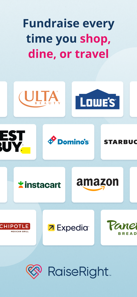 RaiseRight Fundraising - RaiseRight app showing major brands for fundraising through shopping dining and travel