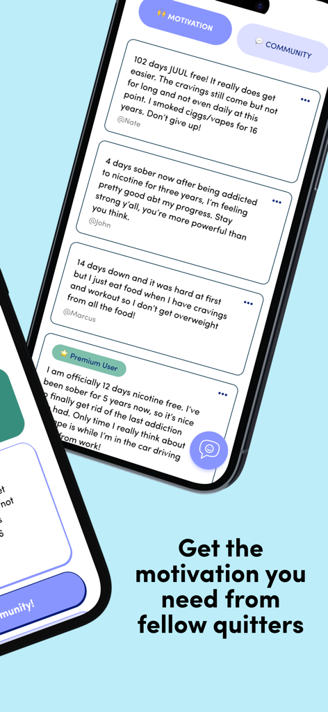 Escape the Vape - Quit Vaping - Feed de motivação da comunidade onde usuários compartilham seu progresso sem nicotina