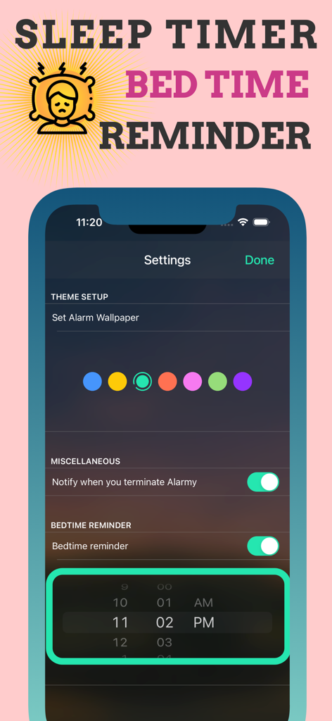 Alarmy . Smart Alarm Clock - Alarmy intelligenter Wecker App Einstellungen Bildschirm mit einer Bettzeit-Erinnerung und Themenoptionen