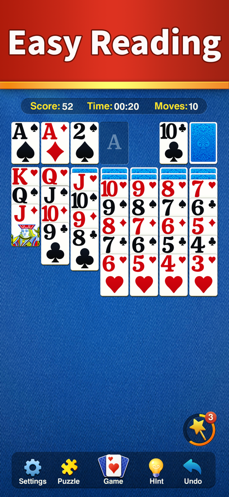 Classic solitaire game interface with large easy to read cards designed for senior players