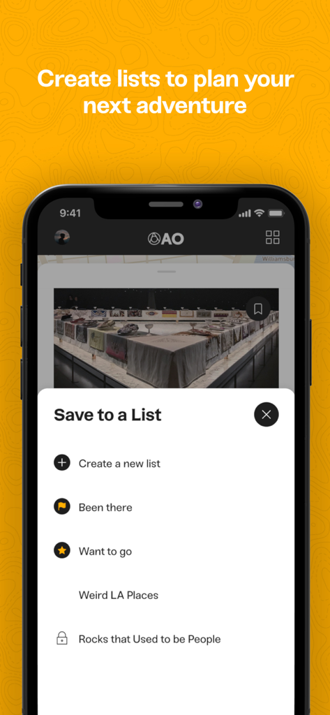 Atlas Obscura Travel Guide - Atlas Obscura mobile app displaying the feature to save obscure locations to custom travel lists