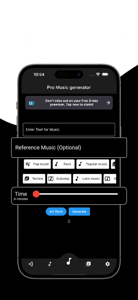 AI Music - Melody generator - Mobile App-Oberfläche des KI-Musik-Melodiegenerators, die die Text-zu-Musik-Eingabe und Genre-Auswahl-Tags wie Pop Rock und Techno zeigt