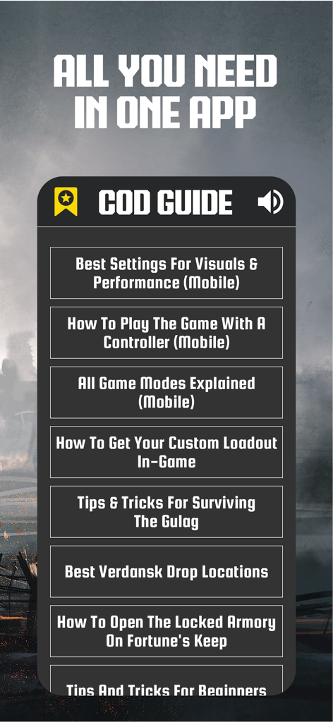 A menu screen of the app showing various Call of Duty guides and strategy tips