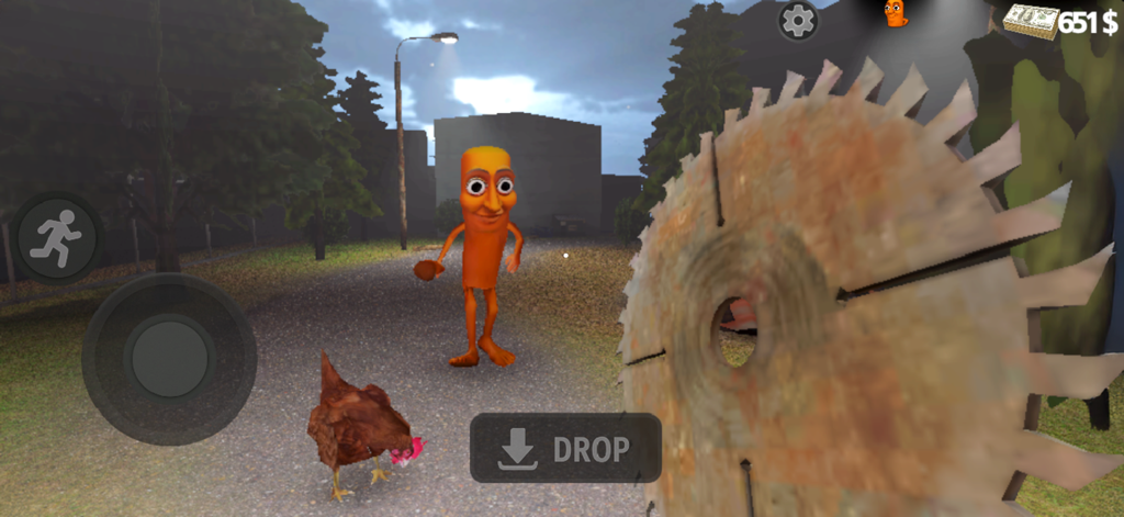 First person gameplay of Tung Tung Sahur featuring the orange monster and a rusty circular saw blade.