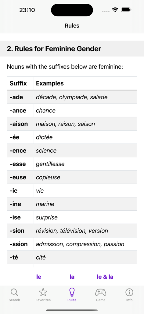 Le La - A table showing French grammar rules for feminine nouns based on suffixes with examples like ade and ance