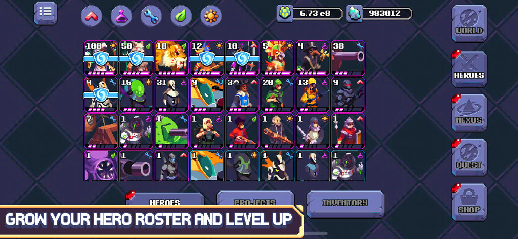 Une collection de divers personnages héros en pixel art dans la liste du menu du jeu Cosmos Quest.