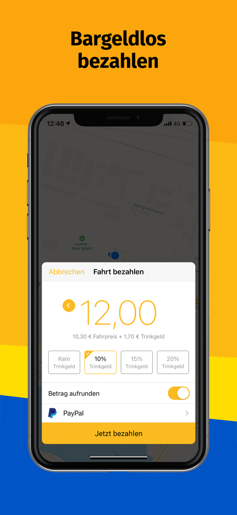 Smartphone screen showing the taxi.eu app cashless payment interface with fare breakdown and tip selection