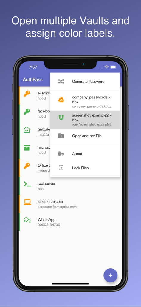 AuthPass – Password Manager - AuthPass app screenshot showing the management of multiple password vaults with custom color labels
